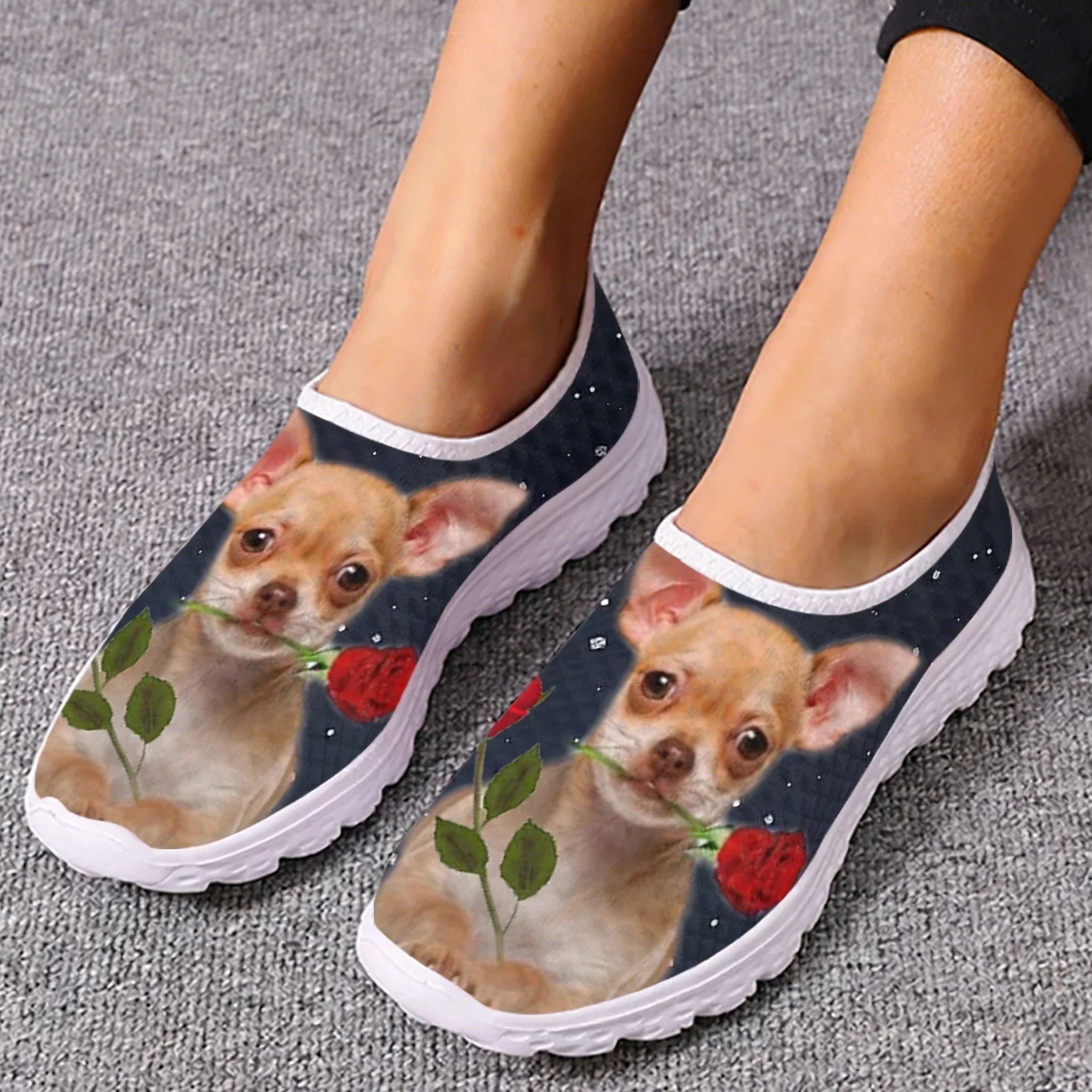 Women'S Shoes For Tennis - Chihuahua Rose Flower Design Mesh Sneakers